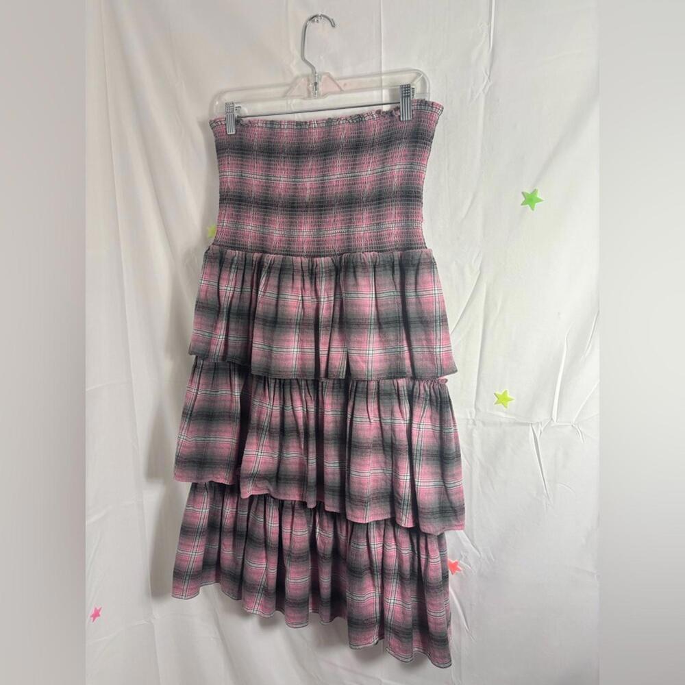 Revolve LIKELY Grey Pink Plaid Ruched Tiered 90’s Babydoll Grunge Midi Skirt M/L